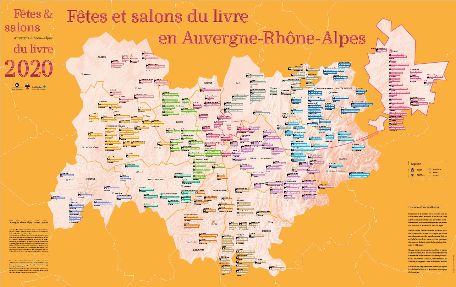 Carte régionale des fêtes et salons du livre 2020 - Auvergne-Rhône-Alpes