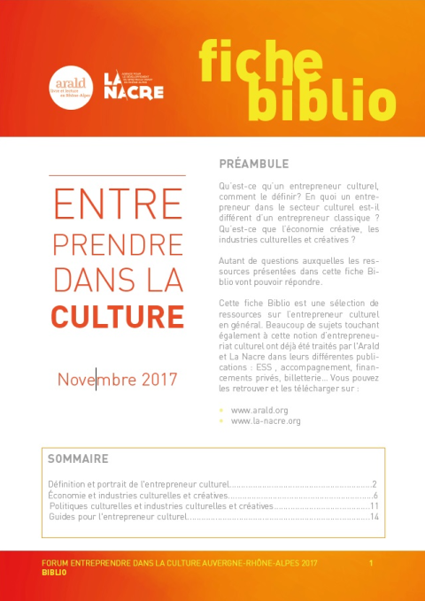 Page de garde du document "Entreprendre dans la culture : fiche biblio 2017"