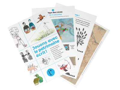 Superposition de pages issues du document "Jouons avec le patrimoine écrit ! Livret jeux 2020"